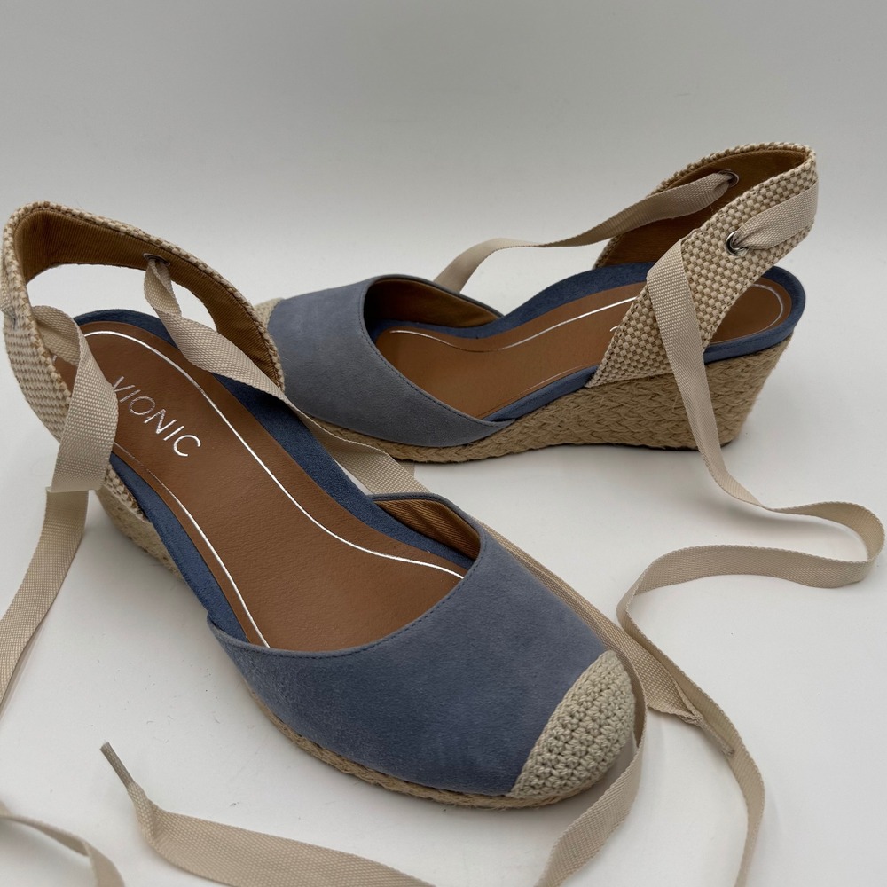 Vionic Aruba Maris Suede Espadrille Wedge Lace Up Sandals Women 8W Blue Strappy